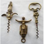 Three brass novelty corkscrews, “Jenny Jones”, Goblin and dog head (screw from dog head is missing)