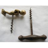 One novelty brass corkscrew of a boy peeing (BRUXELLS) and a heavy metal handle corkscrew