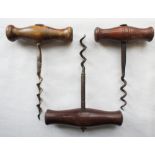 Three dark-wood handle corkscrews, one marked B & Co.