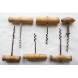 five lightwood handle corkscrews, one by E.H. Taylor & Co. Leith, Scotland. Plus a lightwood