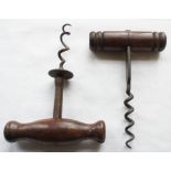 Two dark-wood handle corkscrews, one marked: G.P. Mipkins