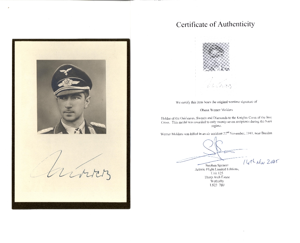 Oberst Werner Molders signature on cream paper with photograph attached, mounted on dark board,