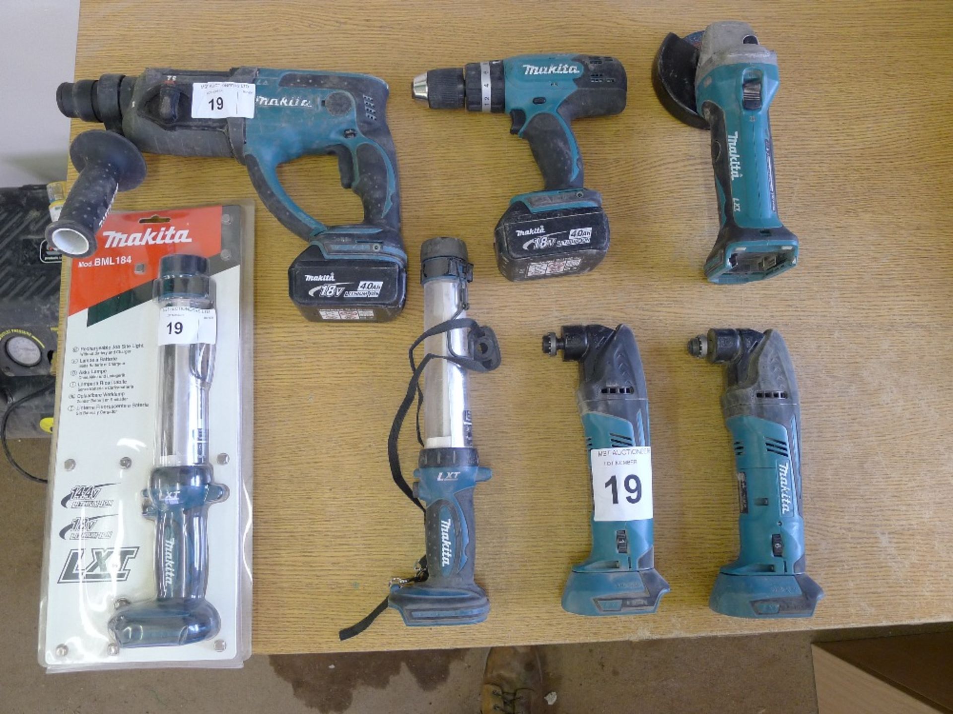 7 various Makita cordless tools comprising of 2 x drills each with 1 battery but no chargers,