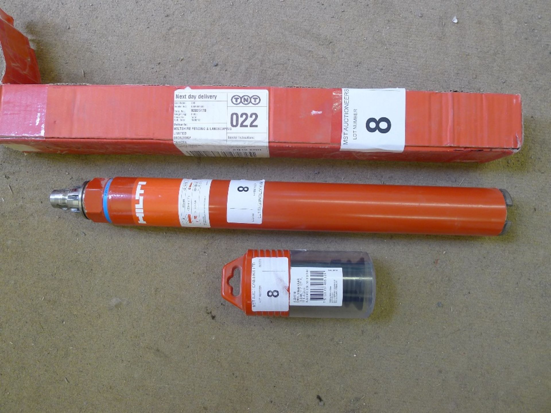 1 diamond core bit by Hilti 57mm x 430mm (appears to be unused) & 1 Hilti quick release chuck no.