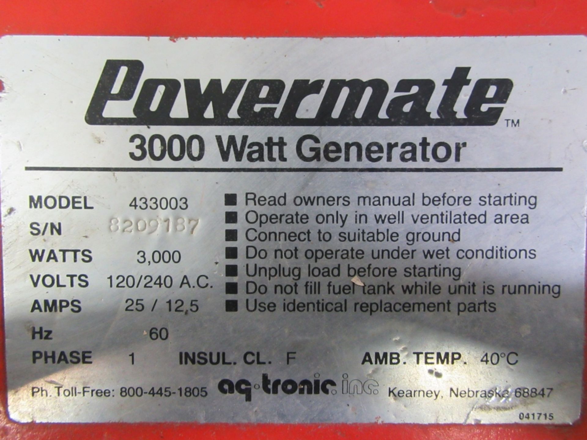 Powermate 3000 Watt Generator 7 hp Briggs & Stratton - mdl 433003 ACHD Surplus - Image 9 of 10