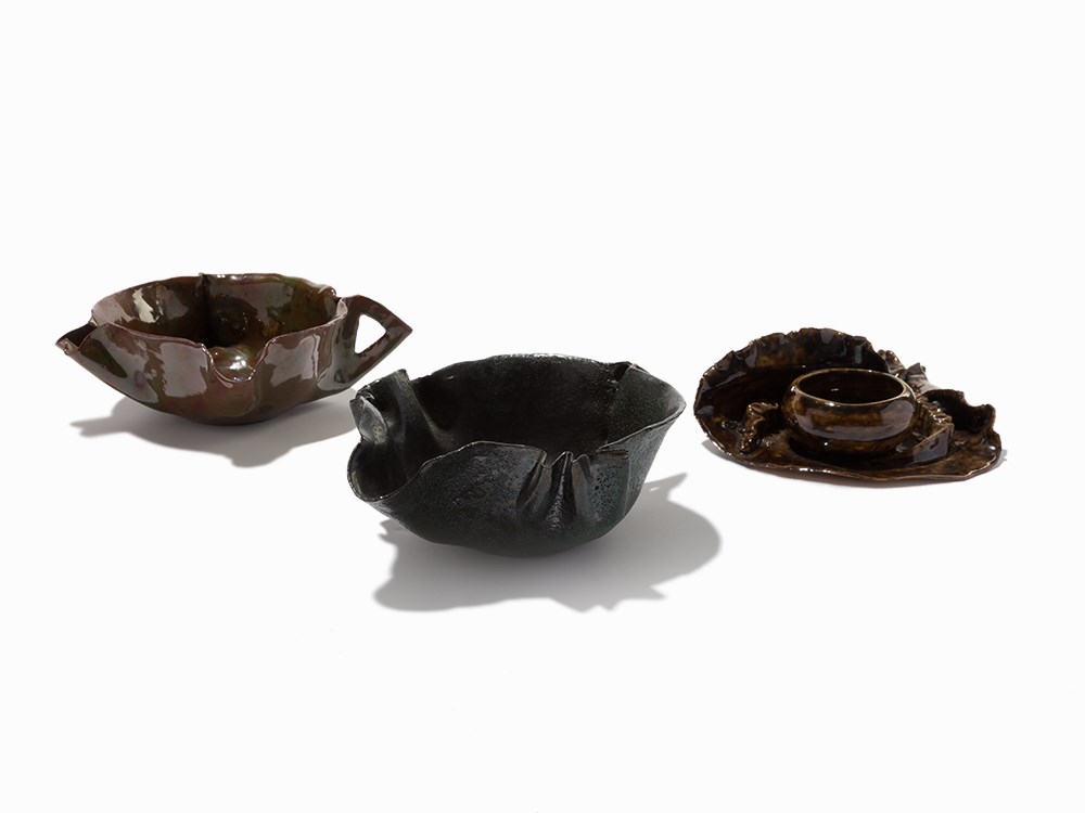 George Edgar Ohr, Three Earthenware Glazed Vessels, ca. 1895Three earthenware vessels in different