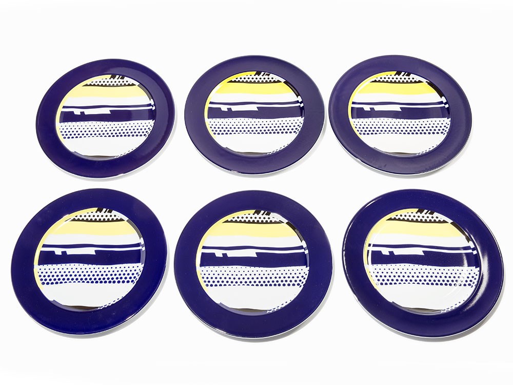 Roy Lichtenstein, Set of Six Porcelain Plates, 1990Porcelain plates with polychrome glazes in