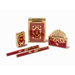 Red Chinese lacquer and golden finish 5-piece set, including table lighter, pocket lighter, secret