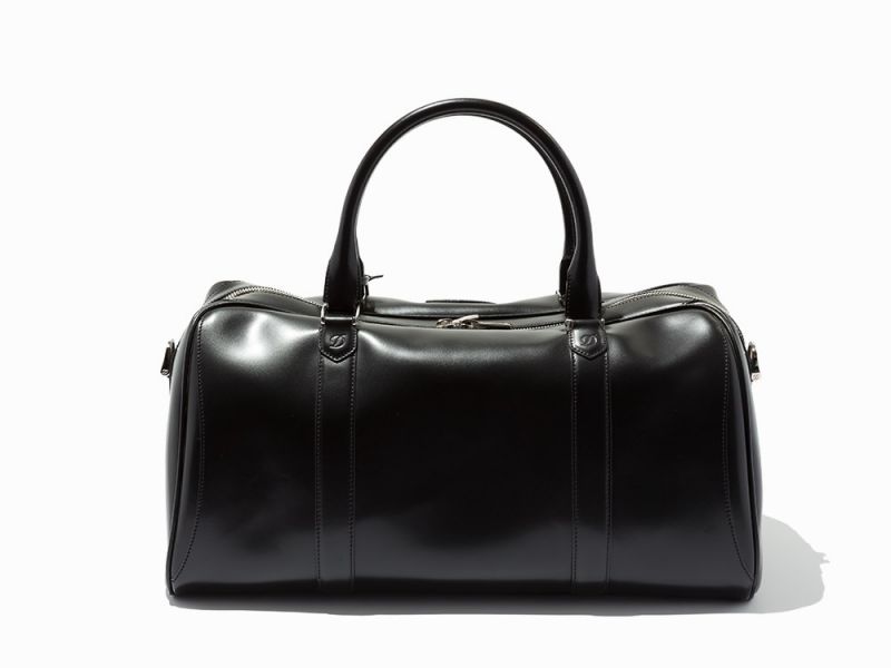 Black Calfskin Leather Travel BagS.T. Dupont, FranceRoyal Blue synthetic microfiber interior with - Image 4 of 9