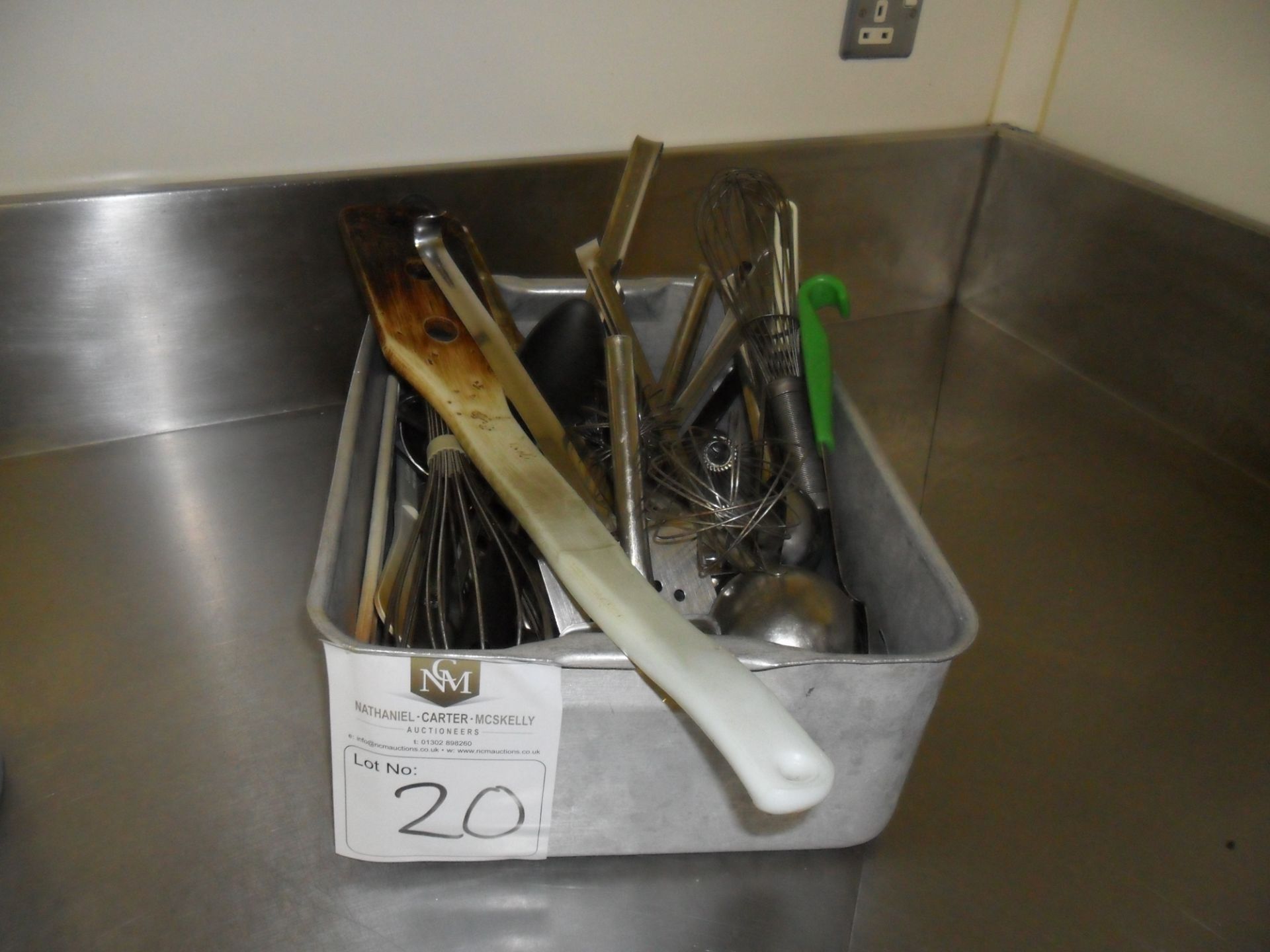 Various utensils. Includes catering whisks, scoops, spatulas. Please see photo for more details.