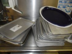 set of stainless steel catering trays approx 33 and approx 3 plastic trays