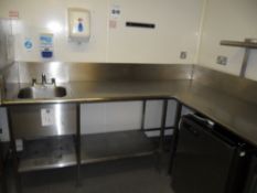 Stainless steel corner sink unit system with corner table and under shelf system with attached shelf