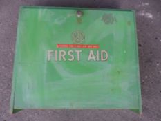 Vintage green wooden First Aid Box. Inside are first aid items which are included in the sale, has
