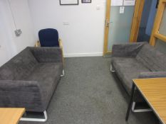 Steel framed 2 seater settee covered in grey uphol
