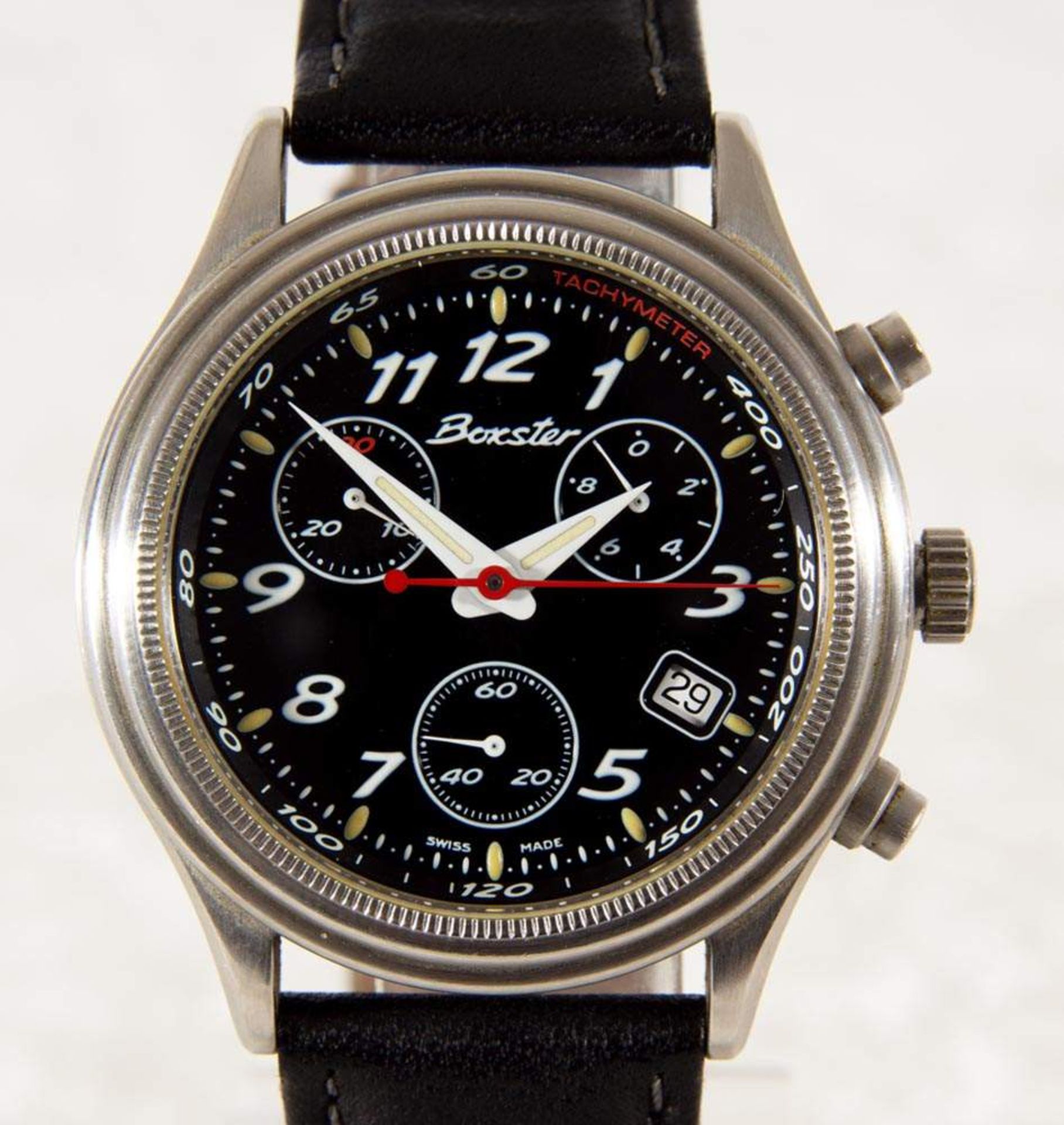 "Porsche - BOXTER" Chronograph. Quarzwerk, ungeprüft. Mit Papieren, in originaler Box. Stahl.