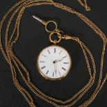 Feine 18K Gelbgold Damentaschenuhr, 19. Jhd., (Werk defekt), an vergoldeter Halskette, Durchmesser