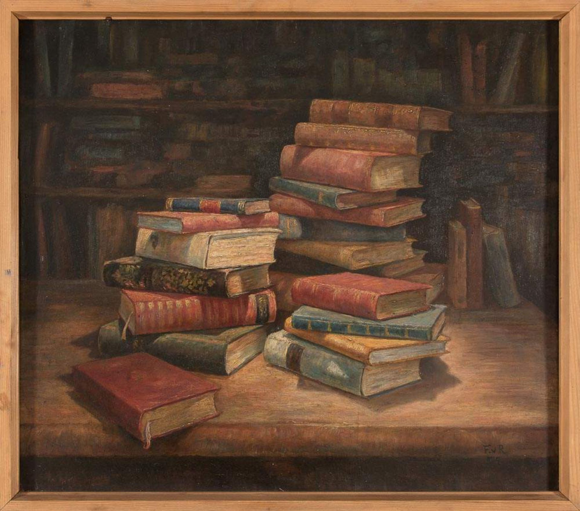 "Stilleben mit Büchern" - Gemälde, Öl auf hartfaser, siginiert & datiert: "F. v. R. ´55" = Ferdinand
