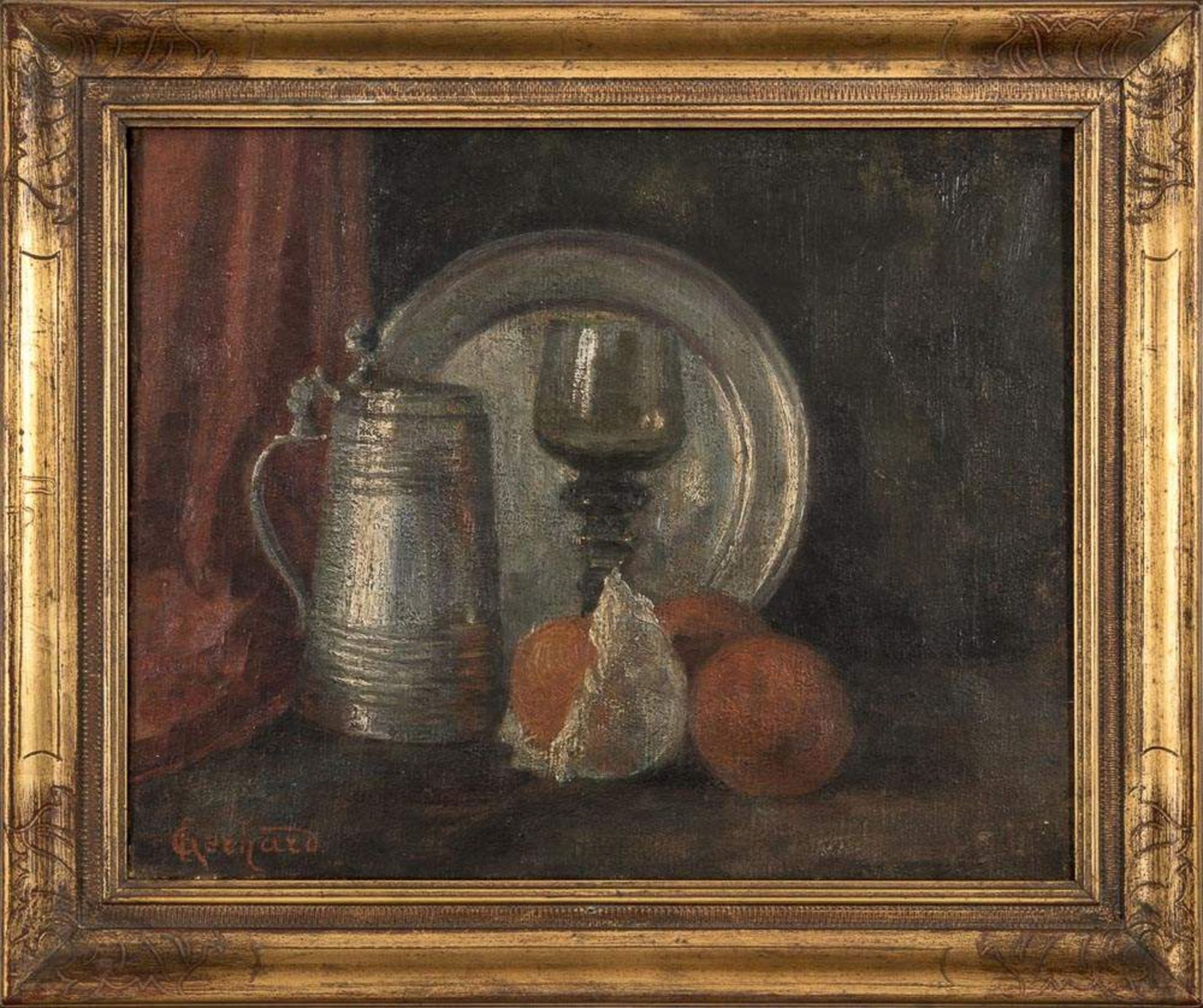 "Stilleben mit Zinngeschirr". Gemälde, Öl auf Leinwand, signiert "C. Gerhard". Um 1900/20.