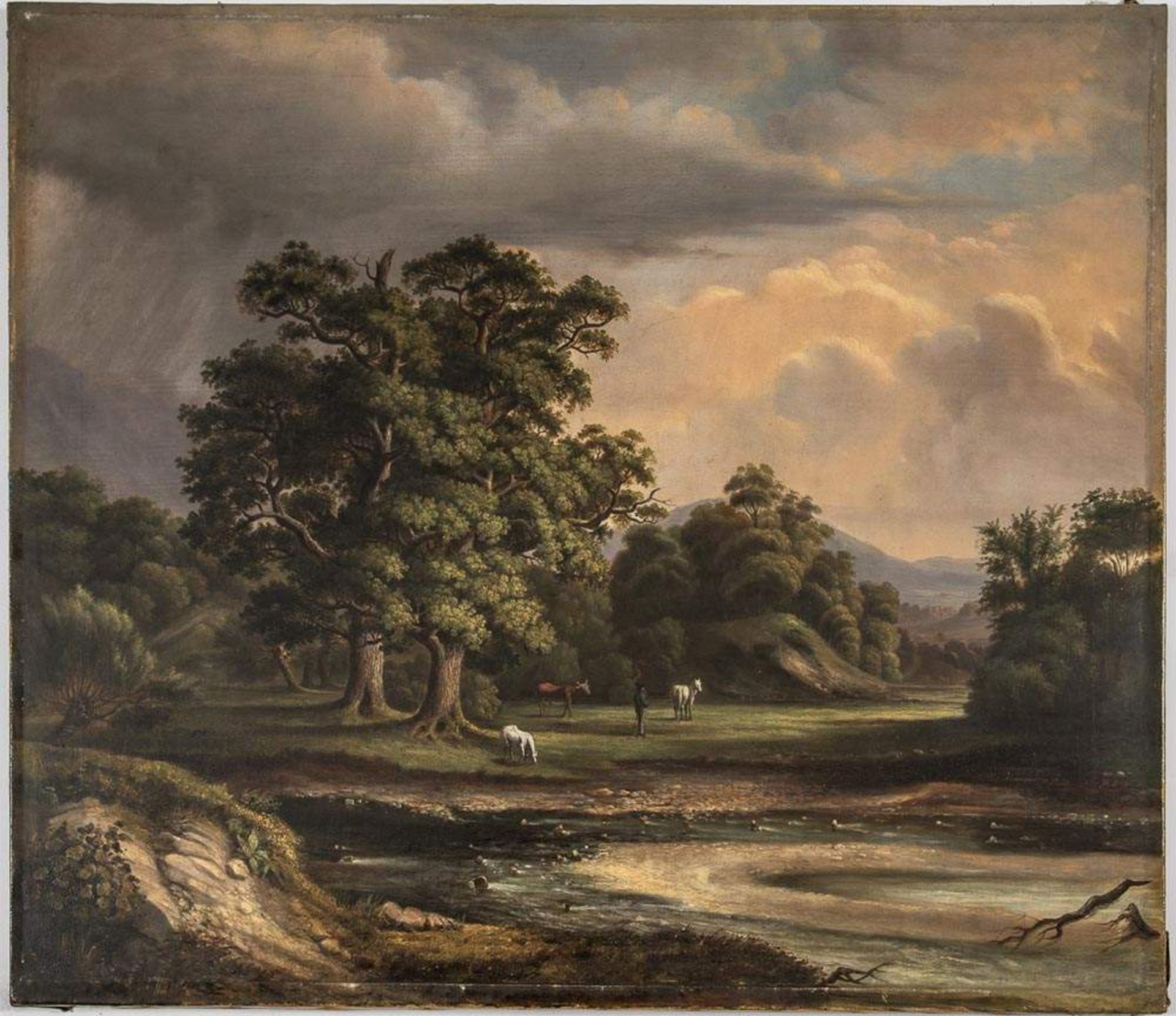 "Romantische Landschaft". Gemälde, Öl auf Leinwand. (Anfang) 19. Jhd. Bildmaß ca. 75 x 83 cm. - Image 2 of 10