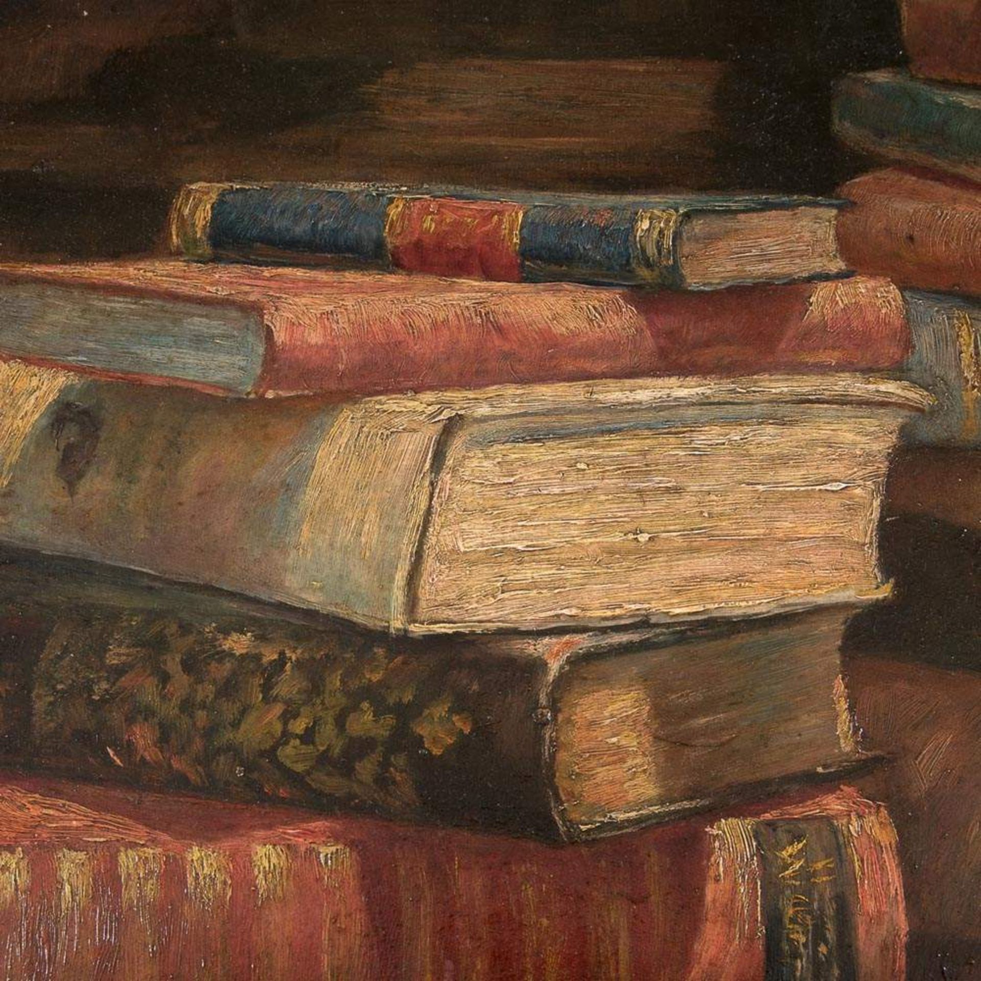 "Stilleben mit Büchern" - Gemälde, Öl auf hartfaser, siginiert & datiert: "F. v. R. ´55" = Ferdinand - Image 3 of 4