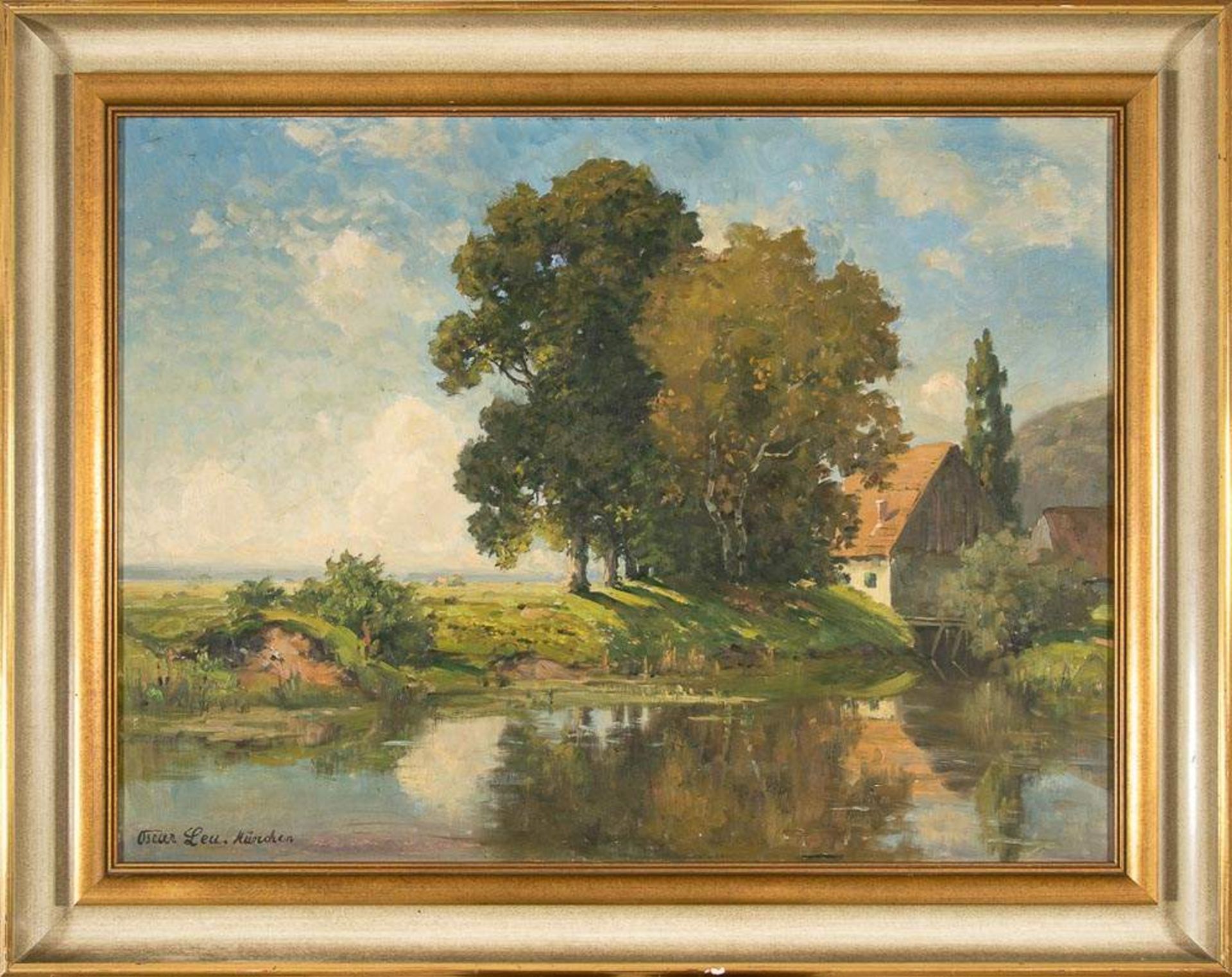 "Flusslandschaft mit Hofstelle". Gemälde, Öl auf Leinwand, signiert "OSCAR LEU, München", (