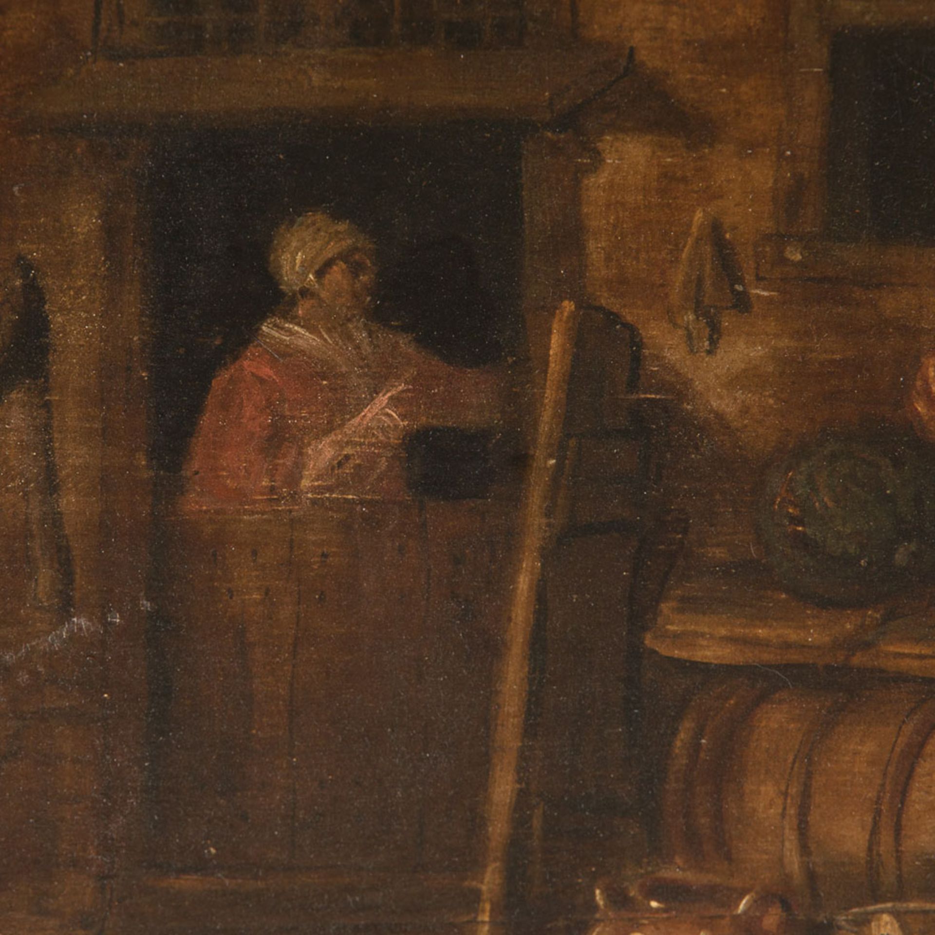 "Küssende Jungbauern". Gemälde, Öl auf Eichenholztafel, ältere Restauration. Holland 18./19. Jhd., - Image 5 of 11