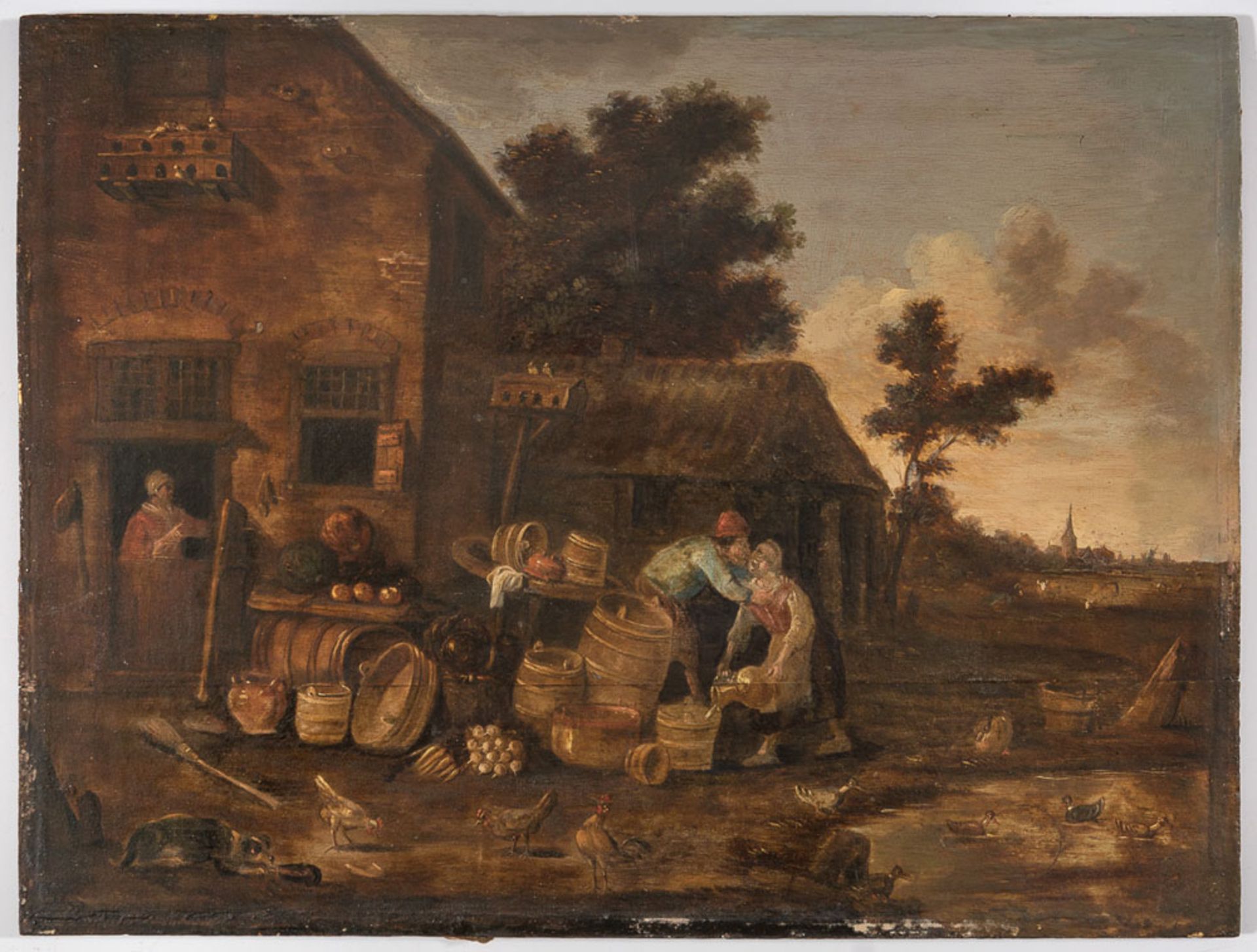 "Küssende Jungbauern". Gemälde, Öl auf Eichenholztafel, ältere Restauration. Holland 18./19. Jhd., - Image 2 of 11