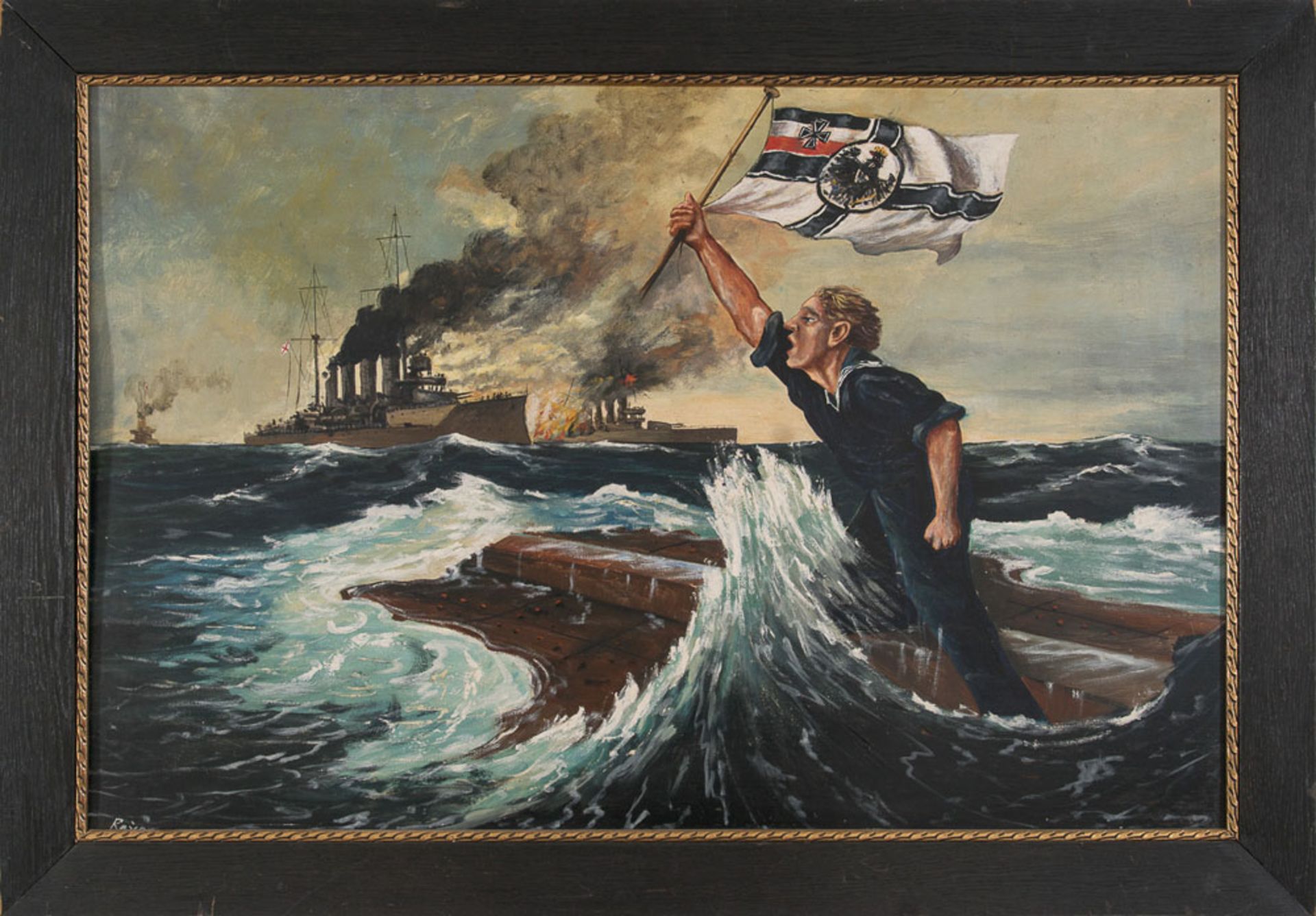 "Der letzte Mann" - Gemälde, Öl auf Speerholzplatte, ca. 64 x 95 cm. Signiert "Reyem" oder so