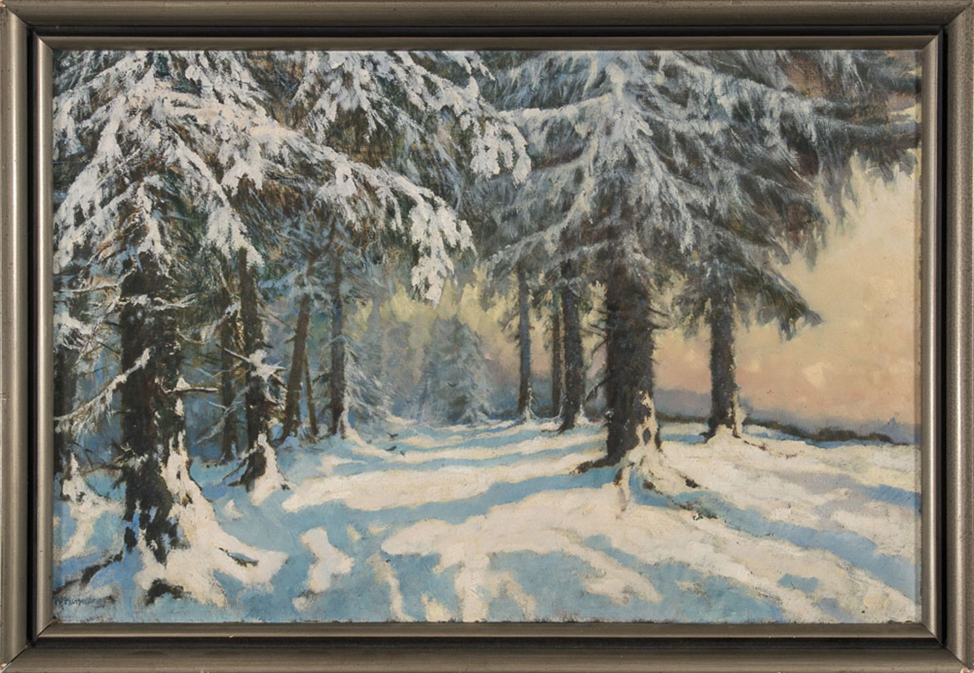 "Verschneite Waldlandschaft". Gemälde, Öl auf Sperrholzplatte, unten links unleserlich signiert. - Image 2 of 5