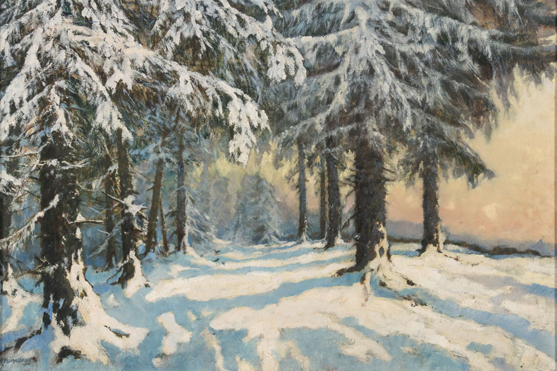 "Verschneite Waldlandschaft". Gemälde, Öl auf Sperrholzplatte, unten links unleserlich signiert.