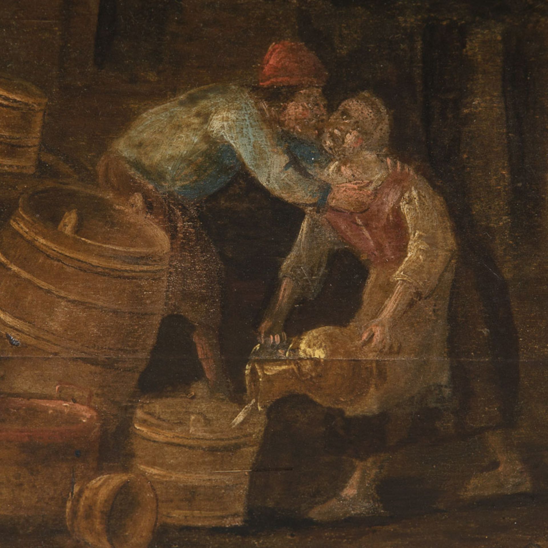 "Küssende Jungbauern". Gemälde, Öl auf Eichenholztafel, ältere Restauration. Holland 18./19. Jhd., - Image 4 of 11