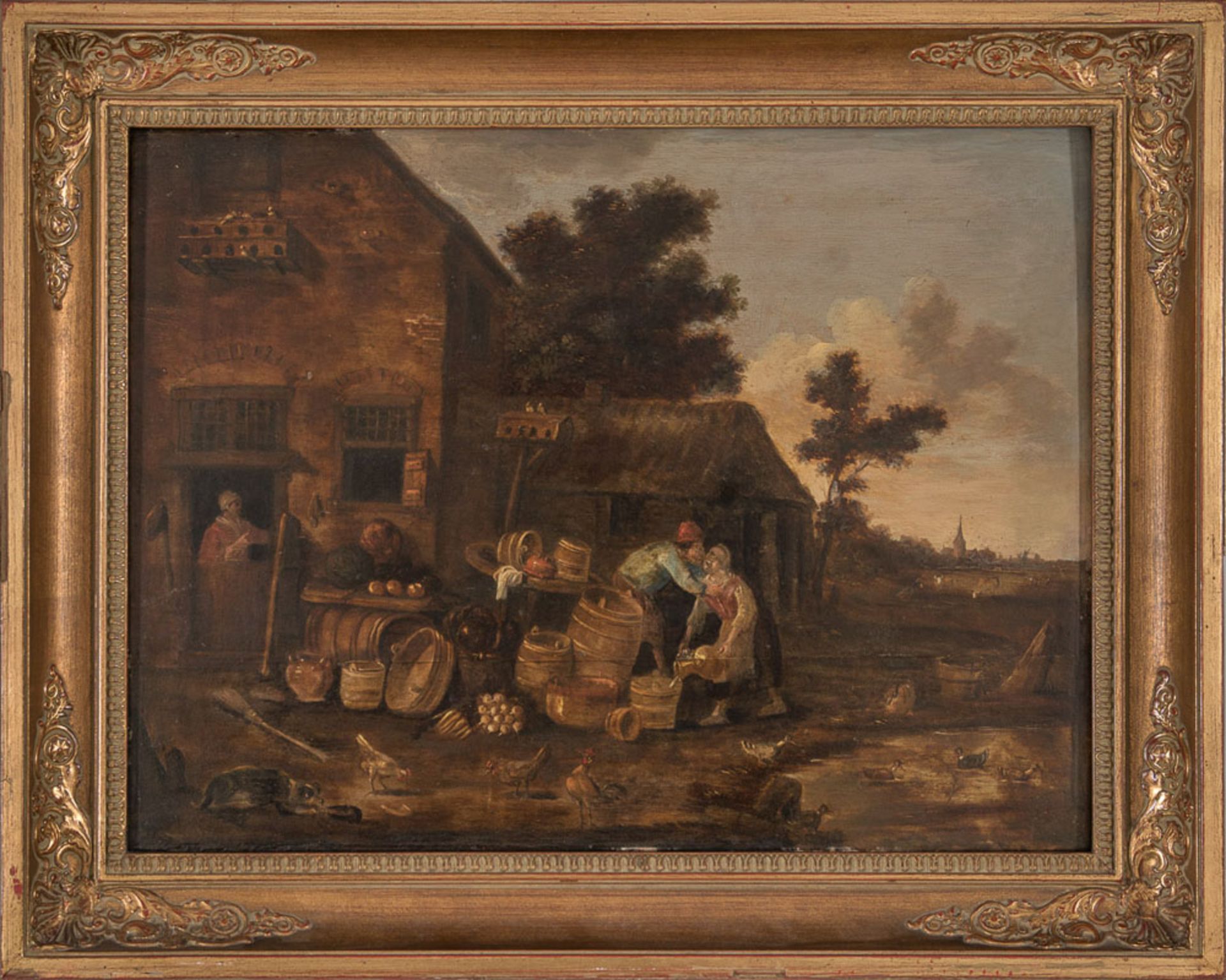 "Küssende Jungbauern". Gemälde, Öl auf Eichenholztafel, ältere Restauration. Holland 18./19. Jhd.,