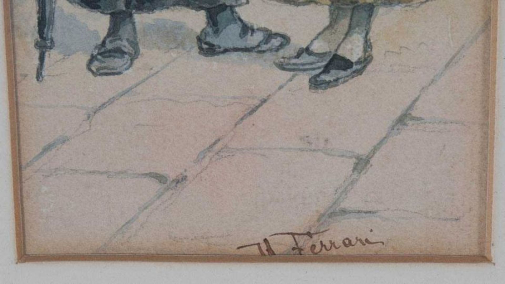 "Das Gespräch" - Aquarellierte Federzeichnung, ca. 27 x 9,5 cm, mittig signiert "FERRARI". Um 1900/ - Image 3 of 4