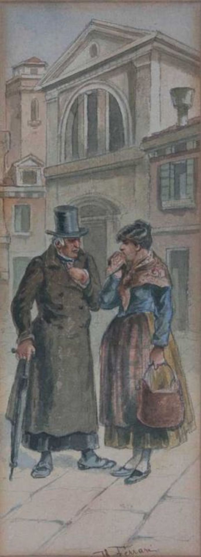 "Das Gespräch" - Aquarellierte Federzeichnung, ca. 27 x 9,5 cm, mittig signiert "FERRARI". Um 1900/ - Image 2 of 4