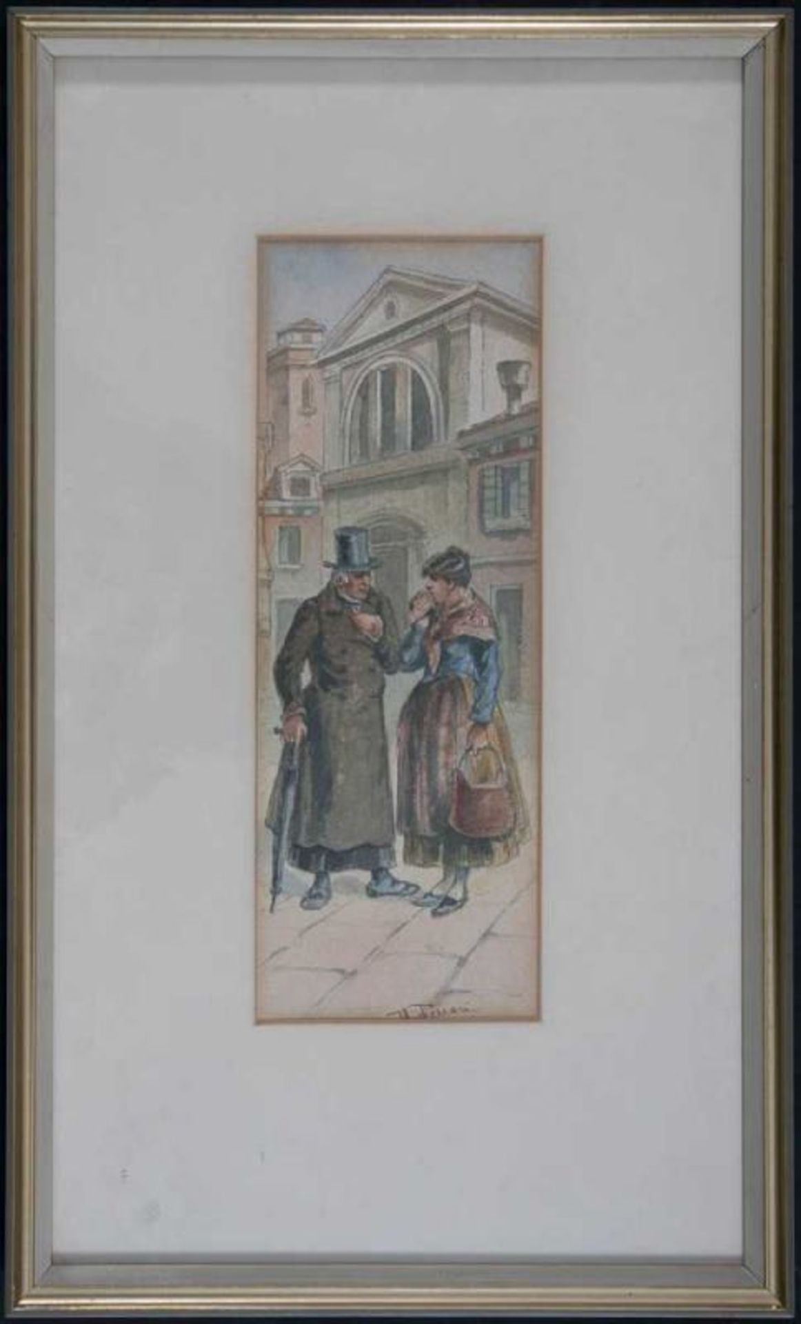 "Das Gespräch" - Aquarellierte Federzeichnung, ca. 27 x 9,5 cm, mittig signiert "FERRARI". Um 1900/