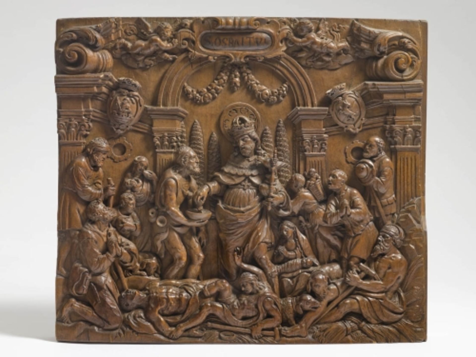 St. OswaldÖsterreich, um 1700 Der Heilige vor dem Portal einer Palastarchitektur mit seinem Attribut