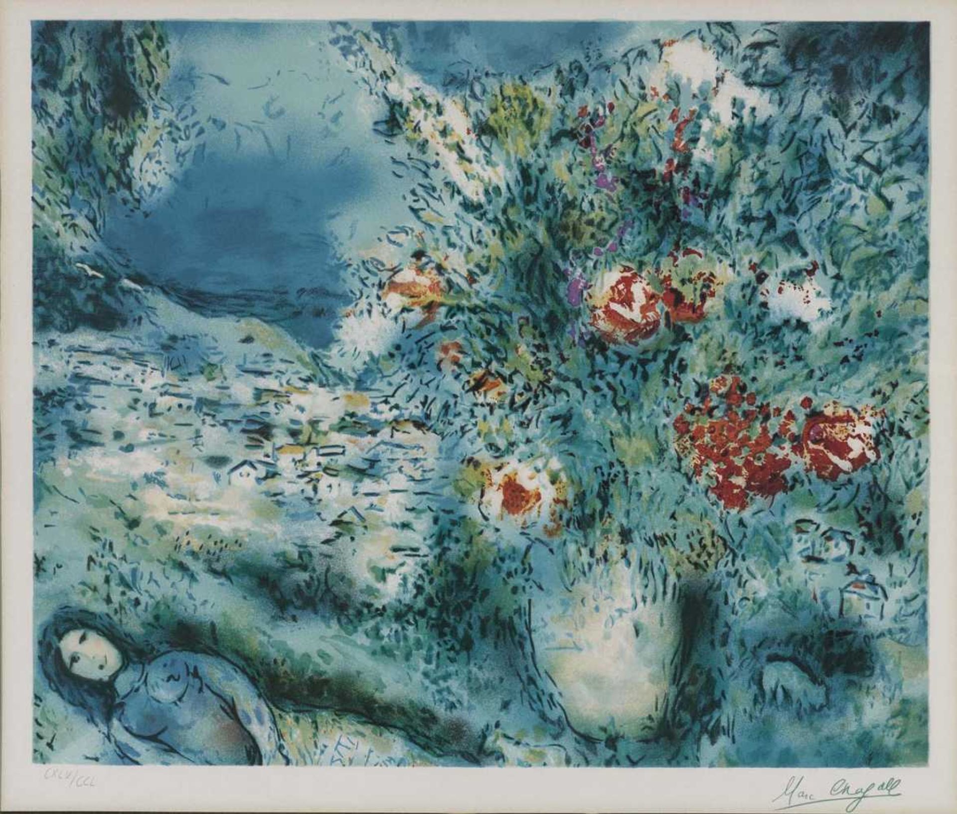 Chagall, Marc 1887 Witebsk - 1985 St. Paul de Vence Landschaft mit Blumen und Liebespaar