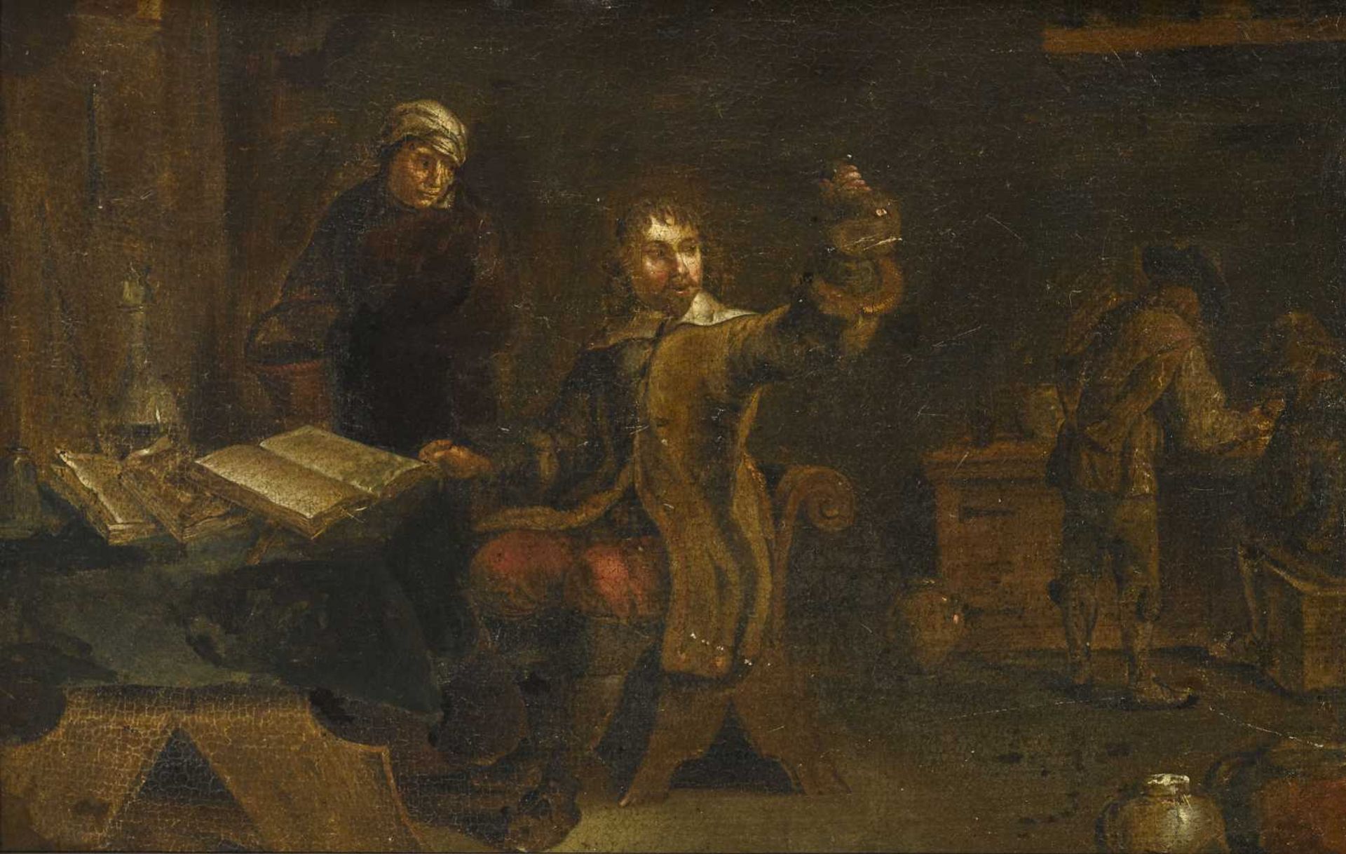 Unbekannt 17. Jh. Alchemist Öl auf Lwd. auf Sperrholzplatte. 37,8 x 55 cm. Min. besch. Rest.
