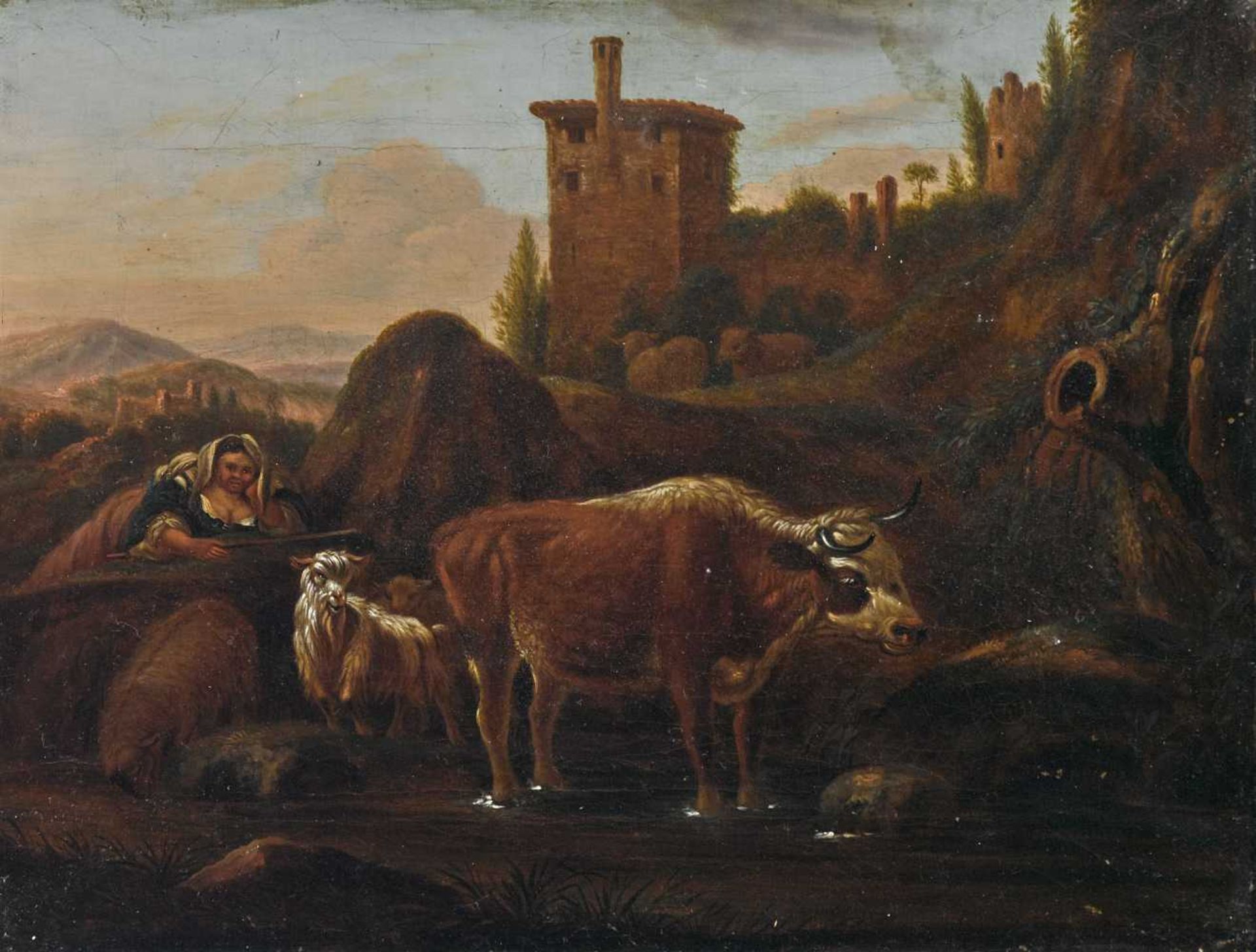 Roos, Johann Heinrich 1631 Reipoltskirchen (Pfalz) - 1685 Frankfurt a. M., Art des Hirtin mit Vieh