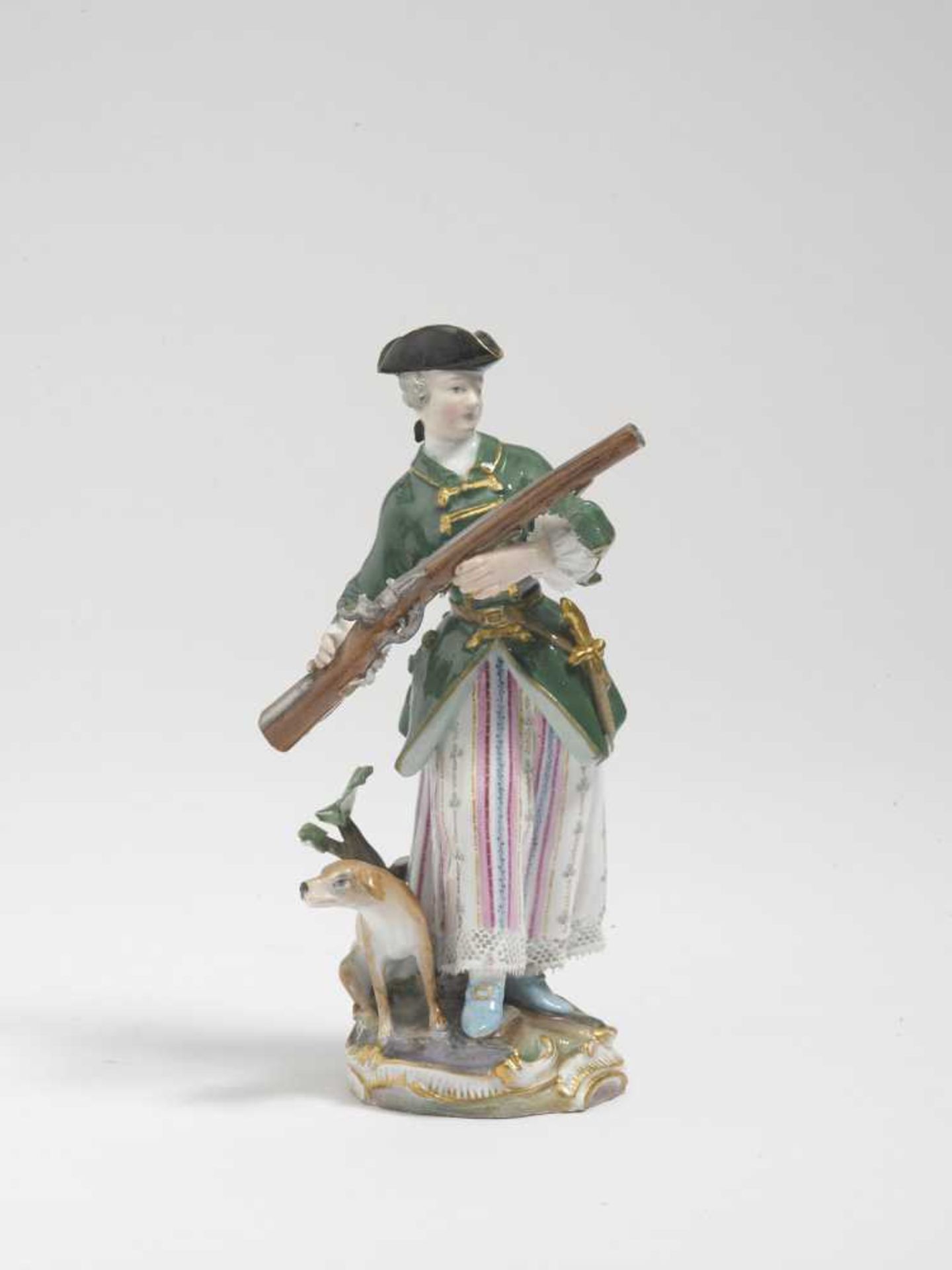 Kleine Jägerin Meissen, nach Modell von Friedrich Elias Meyer Porzellan. Spitzenfigur. Farb- und