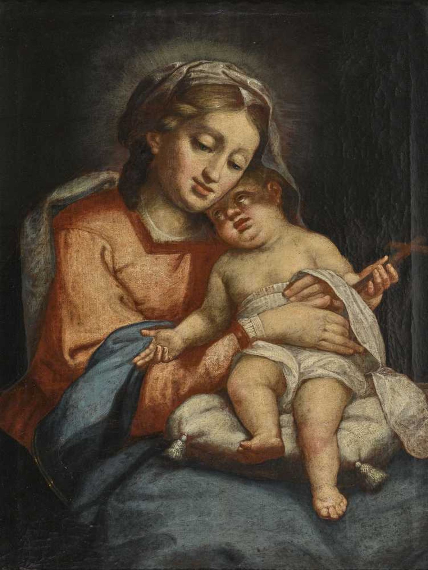 Alpenländisch 18. Jh. Maria mit dem Kind Öl auf Lwd. 78 x 59 cm. Rest. Rahmen min. besch.