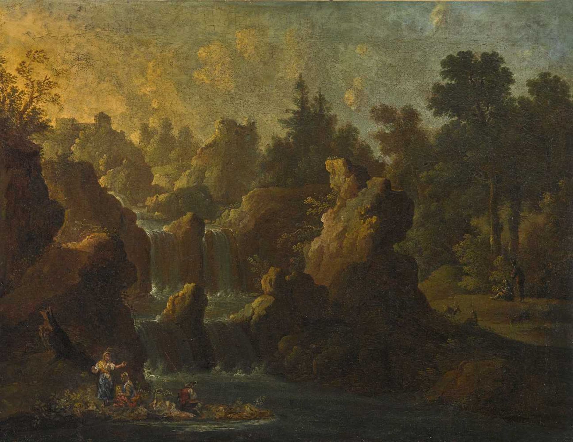 Italien (?) 18. Jh. Felsenlandschaft mit Wasserfall und Figurenstaffage L. u. bezeichnet "M. Ricci