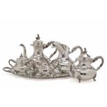 Kaffee-/Teeservice, sechs Teile Deutsch Sterling-Silber, Tablett Alpacca. Modell "Original Alt-