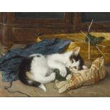 Adam d. J., Julius 1852 München - 1913 ebenda Mit Wollknäuel spielendes Kätzchen auf blauer Decke R.