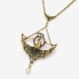 COLLIER MIT PFAUENMOTIV MIT DIAMANTEN, SAPHIREN UND FENSTEREMAIL Paris, L. GAUTRAIT, um 1900 Gold