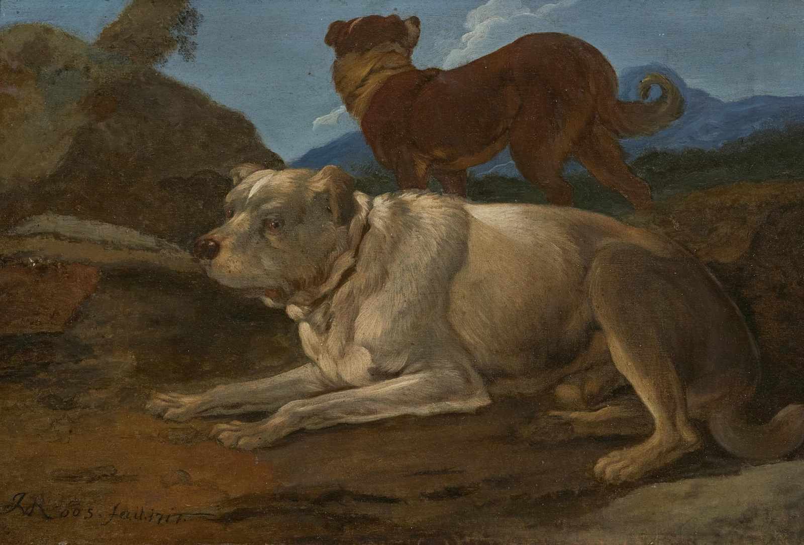 ROOS, JOHANN MELCHIOR 1659 Frankfurt a. M. - 1731 ebenda Zwei Hunde in felsiger Landschaft L. u.