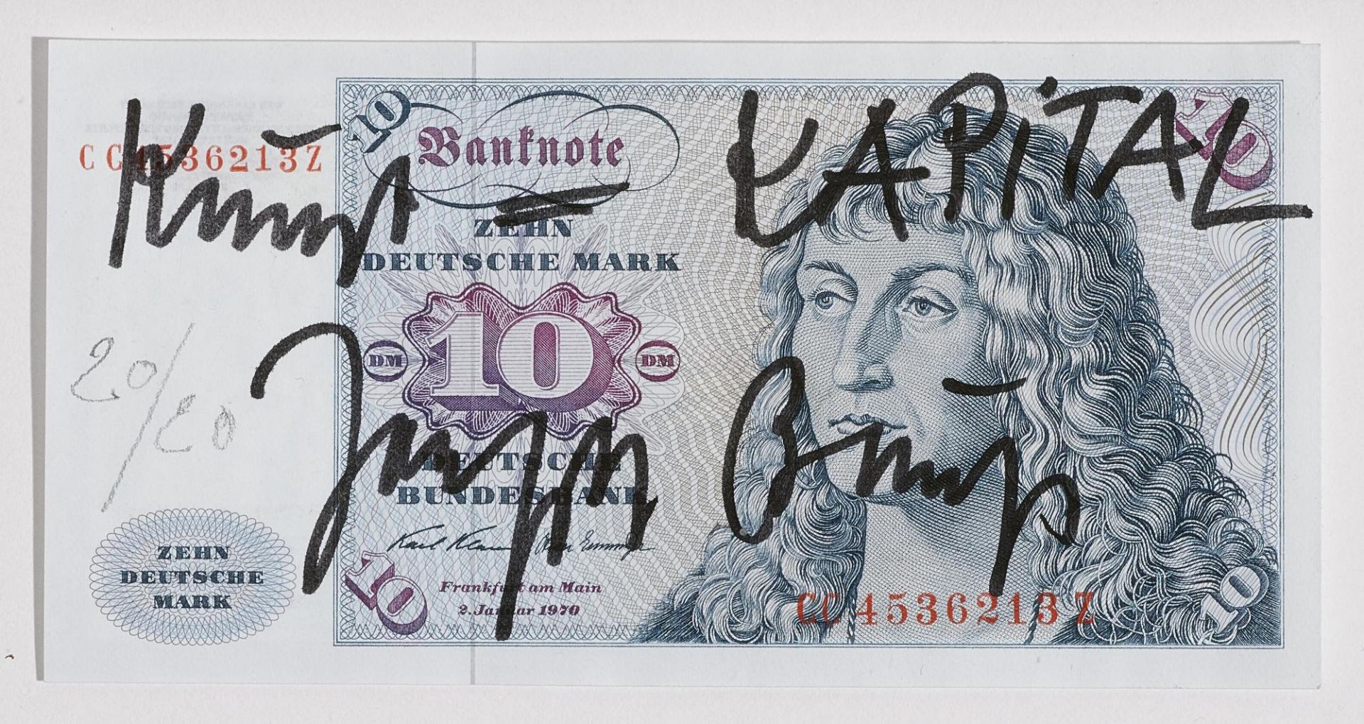 Beuys, Joseph 1921 Krefeld - 1986 Düsseldorf "Kunst = KAPITAL". 1979 Multiple. 10 DM-Banknote auf