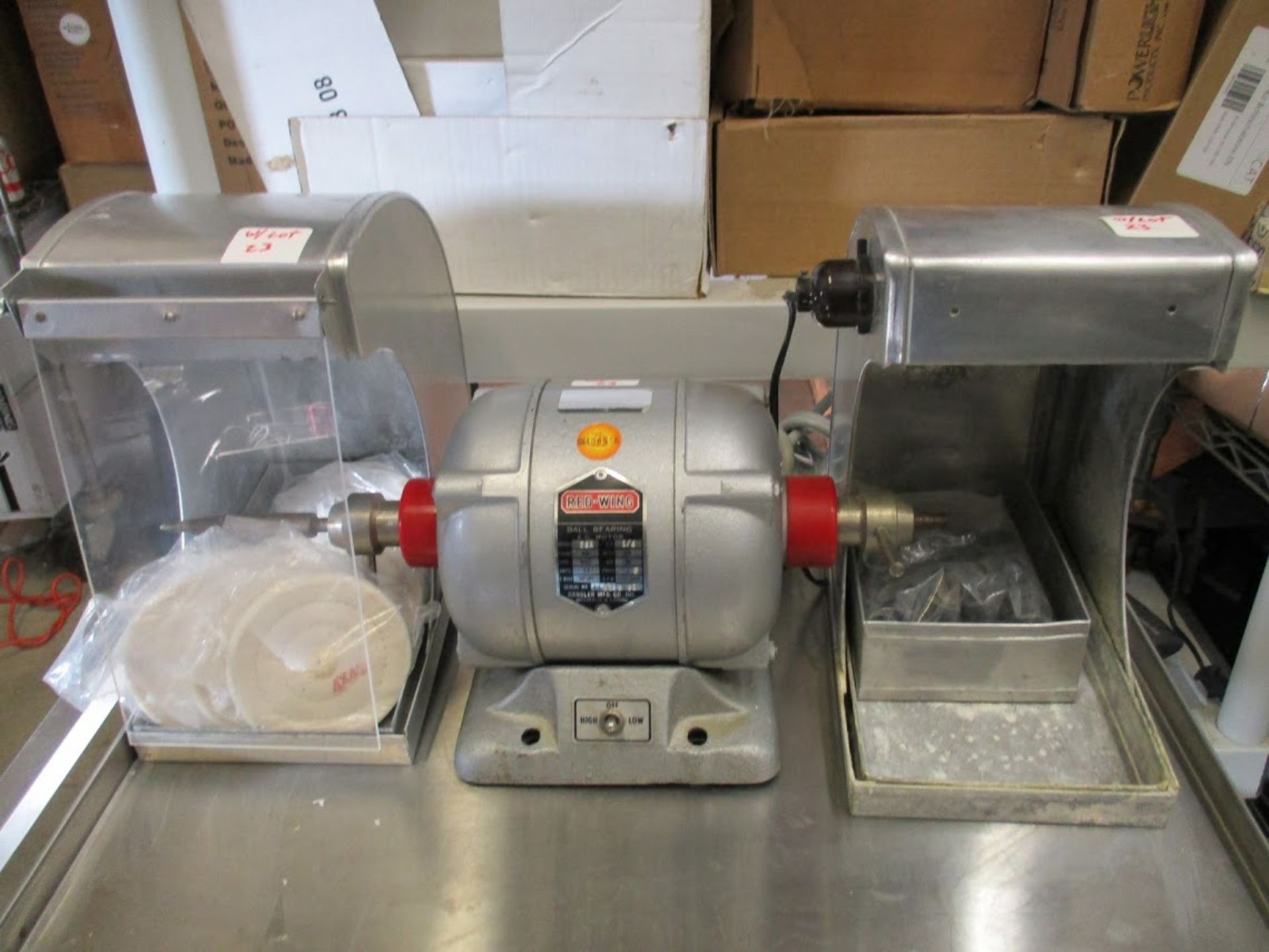 Red Wing Model 26A Dental lathe/grinder with 2 hoods and accessories. 115V 1/4 HP