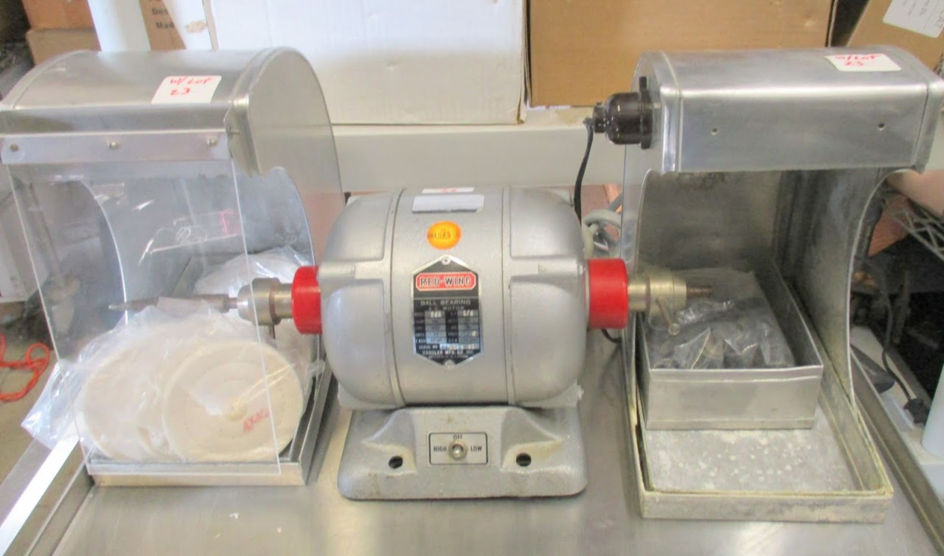 Red Wing Model 26A Dental lathe/grinder with 2 hoods and accessories. 115V 1/4 HP - Image 2 of 7