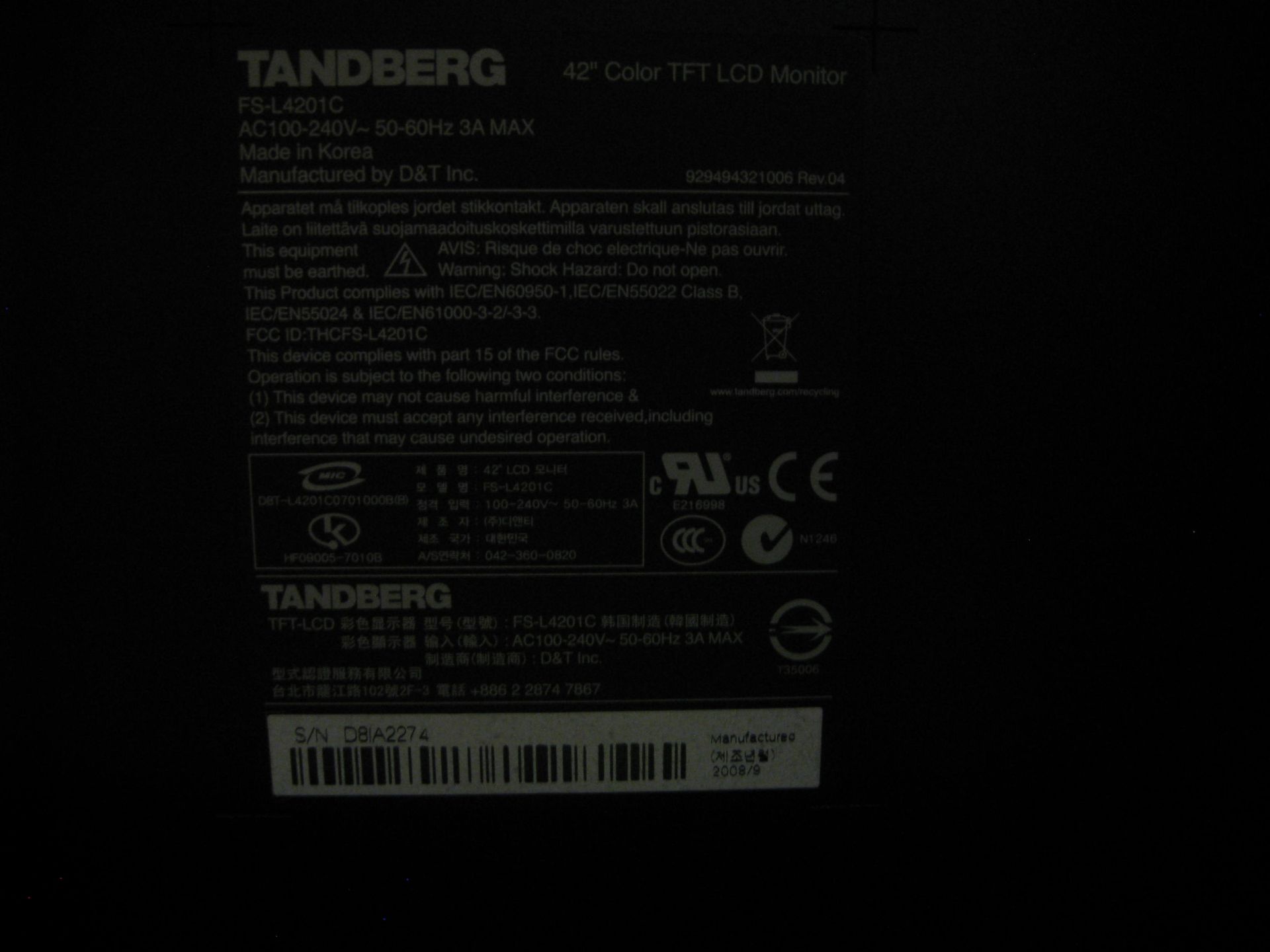 TANDBERG MXP VIDEO CONFERENCING SYSTEM TTC7-09. COMPRISING 42" FS-L4201C HD SCREEN, TTC7-09 CODEC - Bild 8 aus 16